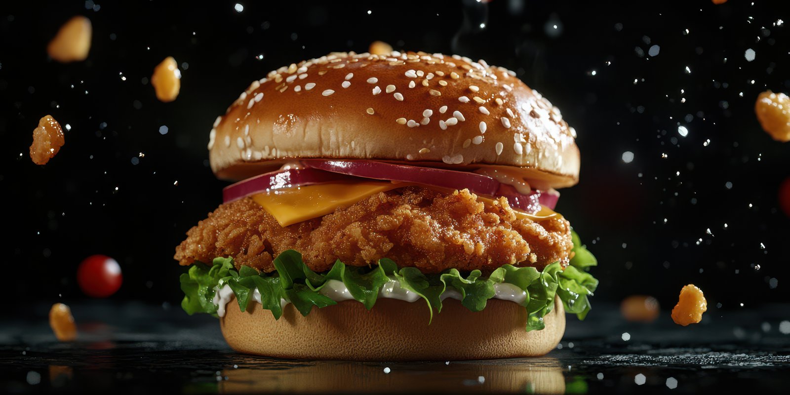 Crispy chicken sandwich topped with lettuce, tomato, and cheese on a sesame seed bun served against a dark backdrop